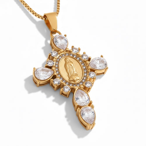 Collier croix dorée strass en acier inoxydable